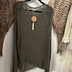 Max Studio Army Green Open Knit Top